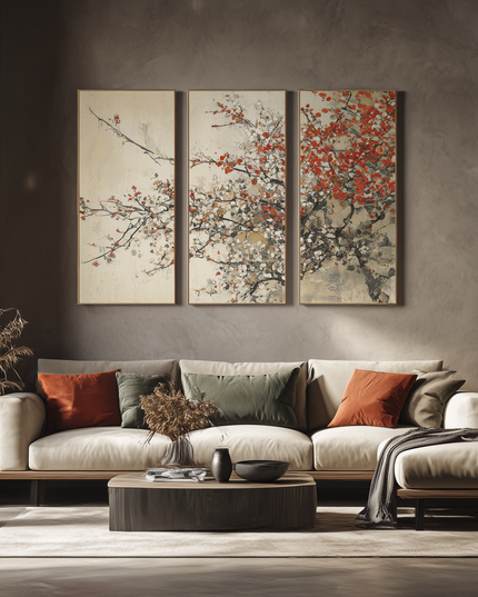 Modern living room with a sectional sofa, coffee table, and wall art depicting floral branches.