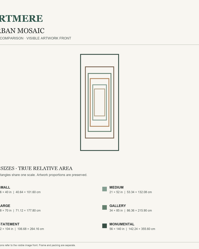 Urban Mosaic — six-size comparison guide, visible artwork dimensions in inches and cm