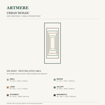 Urban Mosaic — six-size comparison guide, visible artwork dimensions in inches and cm