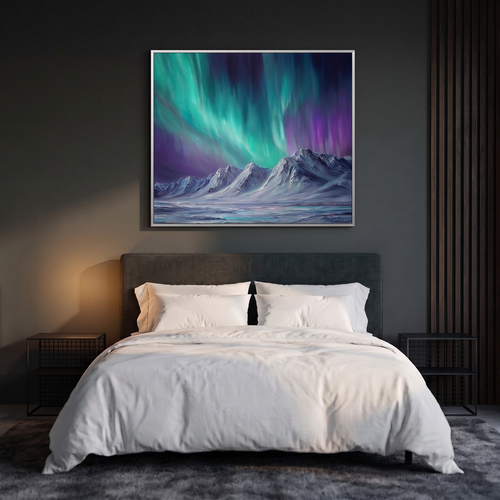 Whispers of the North hand-painted abstract painting displayed in a serene bedroom