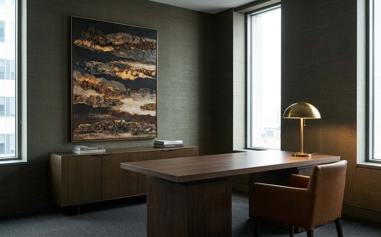 Aurum Strata in einem dunklen Executive Office – digitale Raumvisualisierung für Bürokunst