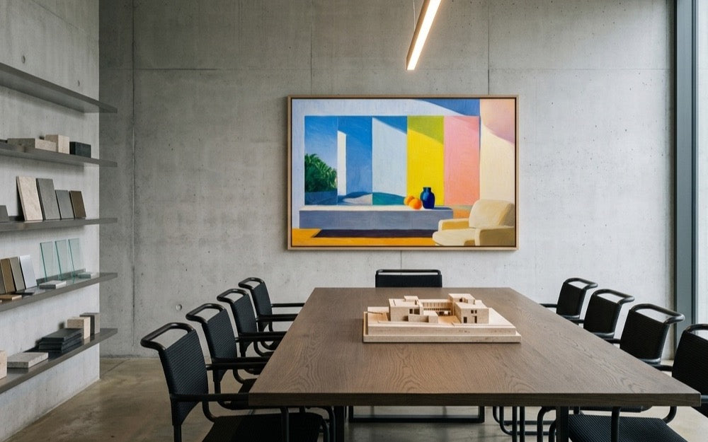 Constructed Dimension als Bürokunst in einem modernen Architektur-Meetingraum – digitale Raumvisualisierung