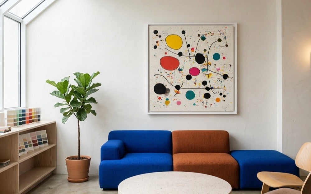 Molecules of Happiness als farbige Bürokunst in einer Creative Lounge – digitale Raumvisualisierung