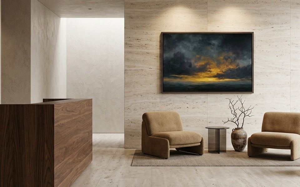 The Last Light als Kunst in einem minimalistischen Empfangsbereich – digitale Raumvisualisierung